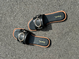 Women’s Black Horsebit Slide Sandals – Trendy Slip-On Flats for Everyday Comfort