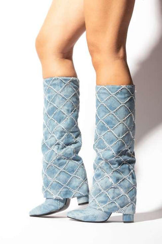 Denim Quilted Knee-High Boots – Statement Stitch Detail