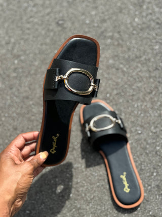 Women’s Black Horsebit Slide Sandals – Trendy Slip-On Flats for Everyday Comfort